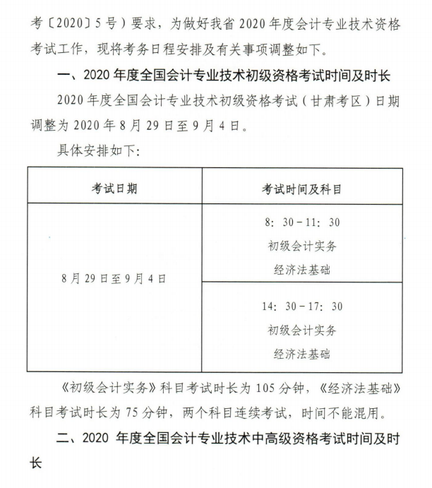 甘肅初級會計職稱考試